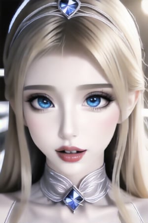 Beautiful girl, Calca Bessarez (Overlord), long hairstyle, blonde hair, blue eyes, tiara, princess, white dress, masterpiece quality, light particles, beautiful face, calm face, emo, looking at viewer, upper body, Anime Style., highly detailed,big eye,Double eyelids,cosplay,Under-eye bag,Deep socket,big pupil,make up,shiny sexy pantyhose, tongue out, aroused face, 