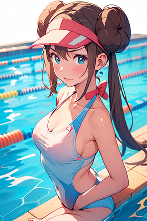 swimsuit , in public SWIMMING pool , ( embarrassed , shy ) , BREAK , score_9, score_8_up, score_7_up, score_6, score_5, score_4, ( masterpiece , ultra Detailed ) , Rosa_(Pokemon) Cute
