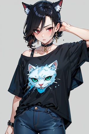 Catgirl white ponytailhair redeye green t-shirt and black jeans,white noveau,qinghua,marika tachibana,Russian skin,YunaSongstress,IzayoiFF,cool,beatrix