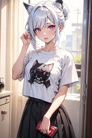 A Catgirl 💋 white Messy Bun Redeye   t-shirt and black big skirt,