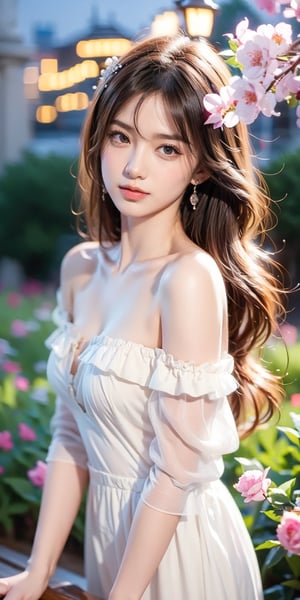 Best quality, masterpiece, ultra high res, (photorealistic:1.4), raw photo, 1girl, white dress, off shoulder, blossom flower field, glowing skin, light smile,mygirl