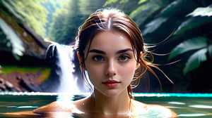 photo of woman in lake, big waterfall in background,  wet hair, brown hair, big eyes, long eyelashes, swimming, photorealistic,bit