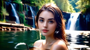 photo of woman in lake, big waterfall in background,  wet hair, brown hair, big eyes, long eyelashes, swimming, photorealistic,bit