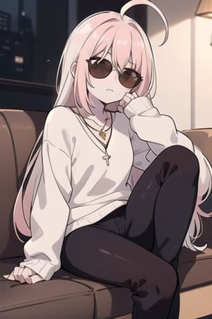 1girl, solo, long hair, blush, bangs, blonde hair, long sleeves, brown eyes, jewelry, sitting, closed mouth, ahoge, pink hair, pants, necklace, sweater, sleeves past wrists, black pants, sunglasses, couch, white sweater