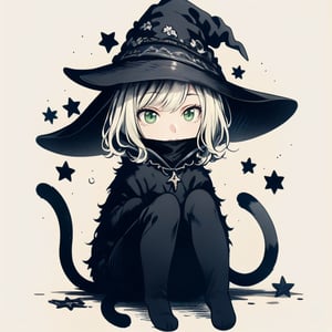 solo, looking at viewer, simple background, hat, white background, sitting, monochrome, full body, no humans, witch hat, :3, cat, cowboy hat