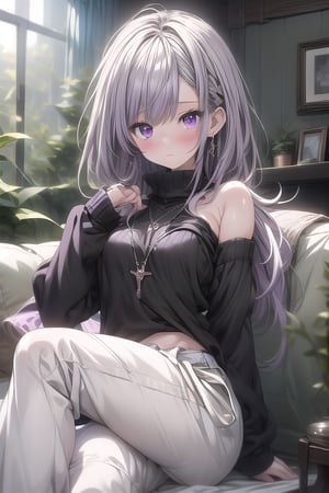 A digital illustration. An anime-style girl. Long, flowing white hair. Striking purple eyes. Hair strands. Delicate face. Shy expression. Small blush. Cheeks. Bashful demeanor.

Modern couch. Plush, pink cushions. Light purple oversized sweater. Soft fabric. Cozy appearance. Loosely fitted sleeves. Hands partially covered. Black tank top. Sweater neckline.

Black, glossy pants. Sleek element. Comfortable outfit. Several necklaces. Heart-shaped pendants. Blue hoop earrings. Elegant touch.

Modern interior setting. Light and dark tones. Geometric shapes. Screens. High-tech environment. Warm ambiance. Soft lighting. Cozy atmosphere.

Relaxed pose. Bent leg. Resting leg. Slight side turn. Hair strand. Contemplative nature. Texture detail. Clothing. Intricate jewelry. Visually captivating image. Emotionally engaging art.,niji,Anitoon2,strapless