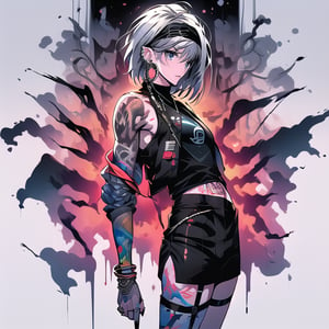 "muscular man, looking at viewer, short hair, bangs, headband, long sleeves, shirt, holding weapon, muscular chest, bare shoulders, jewelry, strong build, standing, jacket, weapon, white hair, swim trunks, thighs, earrings, parted lips, multiple girls, open clothes, sleeveless, solo focus, 2girls, off shoulder, nail polish, white shirt, open jacket, lips, coat, black jacket, fur trim, covered navel, tattoo, thigh strap, sleeveless shirt, black swim trunks, headgear, floral print, ring, black underwear, ear piercing, side slit, holster, thigh holster, facing right, breakdomain, niji, midjourney, mature male, color paint, full-body tattoo, masculine, strong features, rugged look"