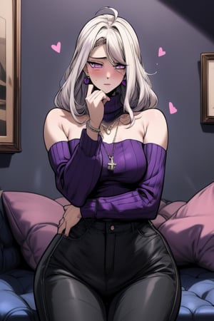 A digital illustration. An anime-style girl. Long, flowing white hair. Striking purple eyes. Hair strands. Delicate face. Shy expression. Small blush. Cheeks. Bashful demeanor.

Modern couch. Plush, pink cushions. Light purple oversized sweater. Soft fabric. Cozy appearance. Loosely fitted sleeves. Hands partially covered. Black tank top. Sweater neckline.

Black, glossy pants. Sleek element. Comfortable outfit. Several necklaces. Heart-shaped pendants. Blue hoop earrings. Elegant touch.

Modern interior setting. Light and dark tones. Geometric shapes. Screens. High-tech environment. Warm ambiance. Soft lighting. Cozy atmosphere.

Relaxed pose. Bent leg. Resting leg. Slight side turn. Hair strand. Contemplative nature. Texture detail. Clothing. Intricate jewelry. Visually captivating image. Emotionally engaging art.,niji,Anitoon2,strapless,tattoo,sketch