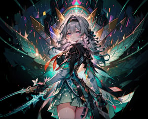 A digital illustration. An anime-style girl. Long, white hair. Glowing, purple eyes. Intricate, black hairpiece. Thorn-like crown. Delicate face.

Detailed, ornate outfit. Flowing, white and pink kimono. Floral patterns. Black gloves. Elegant sleeves. Ribbon accents.

Large, ethereal wings. Iridescent feathers. Black and purple hues. Shimmering light effects. Mystical aura. Magical glow.

Long, ornate sword. Purple glow. Detailed hilt. Intricate design. Engraved patterns. Radiant energy. Glowing blade.

Abstract background. Light and shadow contrasts. Futuristic elements. Dreamlike atmosphere. Surreal environment. Fantasy setting.

Overall composition. Detailed textures. Vibrant colors. Surreal and mystical theme. Fantasy anime art.