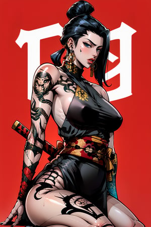 1girl, solo, breasts, looking at viewer, blue eyes, black hair, hair ornament, holding, bare shoulders, jewelry, medium breasts, sitting, weapon, earrings, japanese clothes, sword, kimono, off shoulder, hair bun, holding weapon, from side, lips, fingernails, tattoo, wariza, bandages, single hair bun, katana, sheath, sarashi, sheathed, hair stick, arm tattoo, scabbard, black kimono, shoulder tattoo