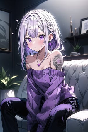 A digital illustration. An anime-style girl. Long, flowing white hair. Striking purple eyes. Hair strands. Delicate face. Shy expression. Small blush. Cheeks. Bashful demeanor.

Modern couch. Plush, pink cushions. Light purple oversized sweater. Soft fabric. Cozy appearance. Loosely fitted sleeves. Hands partially covered. Black tank top. Sweater neckline.

Black, glossy pants. Sleek element. Comfortable outfit. Several necklaces. Heart-shaped pendants. Blue hoop earrings. Elegant touch.

Modern interior setting. Light and dark tones. Geometric shapes. Screens. High-tech environment. Warm ambiance. Soft lighting. Cozy atmosphere.

Relaxed pose. Bent leg. Resting leg. Slight side turn. Hair strand. Contemplative nature. Texture detail. Clothing. Intricate jewelry. Visually captivating image. Emotionally engaging art.,niji,Anitoon2,strapless,tattoo