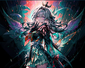A digital illustration. An anime-style girl. Long, white hair. Glowing, purple eyes. Intricate, black hairpiece. Thorn-like crown. Delicate face.

Detailed, ornate outfit. Flowing, white and pink kimono. Floral patterns. Black gloves. Elegant sleeves. Ribbon accents.

Large, ethereal wings. Iridescent feathers. Black and purple hues. Shimmering light effects. Mystical aura. Magical glow.

Long, ornate sword. Purple glow. Detailed hilt. Intricate design. Engraved patterns. Radiant energy. Glowing blade.

Abstract background. Light and shadow contrasts. Futuristic elements. Dreamlike atmosphere. Surreal environment. Fantasy setting.

Overall composition. Detailed textures. Vibrant colors. Surreal and mystical theme. Fantasy anime art.