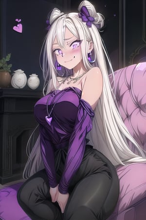 A digital illustration. An anime-style girl. Long, flowing white hair. Striking purple eyes. Hair strands. Delicate face. Shy expression. Small blush. Cheeks. Bashful demeanor.

Modern couch. Plush, pink cushions. Light purple oversized sweater. Soft fabric. Cozy appearance. Loosely fitted sleeves. Hands partially covered. Black tank top. Sweater neckline.

Black, glossy pants. Sleek element. Comfortable outfit. Several necklaces. Heart-shaped pendants. Blue hoop earrings. Elegant touch.

Modern interior setting. Light and dark tones. Geometric shapes. Screens. High-tech environment. Warm ambiance. Soft lighting. Cozy atmosphere.

Relaxed pose. Bent leg. Resting leg. Slight side turn. Hair strand. Contemplative nature. Texture detail. Clothing. Intricate jewelry. Visually captivating image. Emotionally engaging art.,niji,Anitoon2,strapless,tattoo,sketch