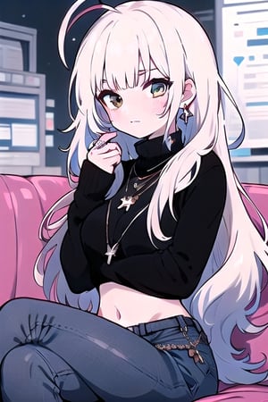 1girl, solo, long hair, blush, bangs, blonde hair, long sleeves, brown eyes, jewelry, sitting, closed mouth, ahoge, white hair, pants, necklace, sweater, sleeves past wrists, black pants, sunglasses, couch, black sweater,midjourney