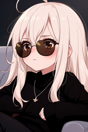 1girl, solo, long hair, blush, bangs, blonde hair, long sleeves, brown eyes, jewelry, sitting, closed mouth, ahoge, white hair, pants, necklace, sweater, sleeves past wrists, black pants, sunglasses, couch, black sweater,mature female