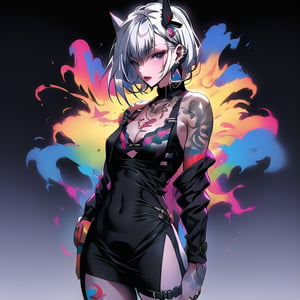 1girl, breasts, looking at viewer, short hair, bangs, hair ornament, long sleeves, dress, holding, cleavage, bare shoulders, jewelry, medium breasts, standing, jacket, weapon, white hair, bikini, thighs, earrings, parted lips, multiple boys, open clothes, sleeveless, solo focus, 2boys, off shoulder, nail polish, white dress, open jacket, lips, coat, black jacket, fur trim, covered navel, tattoo, thigh strap, sleeveless dress, black bikini, headgear, floral print, ring, black bra, ear piercing, side slit, holster, thigh holster,breakdomain,niji,midjourney,mature female,color paint, full-body tattoo