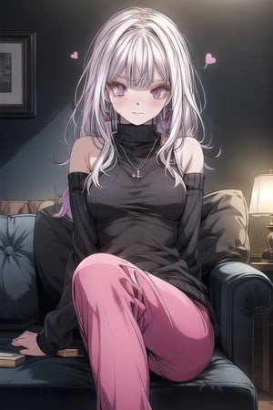 A digital illustration. An anime-style girl. Long, flowing white hair. Striking purple eyes. Hair strands. Delicate face. Shy expression. Small blush. Cheeks. Bashful demeanor.

Modern couch. Plush, pink cushions. Light purple oversized sweater. Soft fabric. Cozy appearance. Loosely fitted sleeves. Hands partially covered. Black tank top. Sweater neckline.

Black, glossy pants. Sleek element. Comfortable outfit. Several necklaces. Heart-shaped pendants. Blue hoop earrings. Elegant touch.

Modern interior setting. Light and dark tones. Geometric shapes. Screens. High-tech environment. Warm ambiance. Soft lighting. Cozy atmosphere.

Relaxed pose. Bent leg. Resting leg. Slight side turn. Hair strand. Contemplative nature. Texture detail. Clothing. Intricate jewelry. Visually captivating image. Emotionally engaging art.,niji,Anitoon2