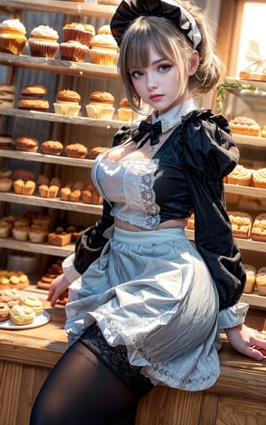 ((1 girl, adorable, happy)), ((maid, blue skirt, black thighhighs, maid apron, long sleeves, puffy sleeves, lace panties)), (hairband, white hair, short hair, blue eyes, makeup), (large breasts, large ass, thick thighs, wide hips, voloptuous), (sweet charm:1.3), pies, fresh baked bread, macarons, wooden shelves with cupcakes, bakery, shop, scenery, soft, cozy, glitter,irelia,ellafreya