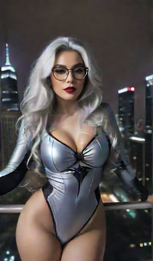 Spider woman , Taking selfie pose , night, skyscrapers, beautiful long silver curl hair, sexy, eye glasses, thick thigh,
