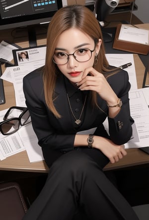 a woman positioned at a desk, looking sharp at the camera, office space, professional and stylish office dress, fashion accessories, eye glasses, dim lighting, glowing skin,