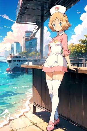 serenajoy, nurse outfit, short hair, honey blonde hair, white stockings, pink shoes, cute, blue eyes, ocean bar, piers, skyscraper, pikachu in the background, two characters
