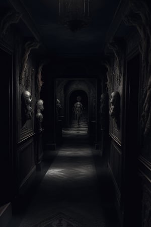 a nightmarish mansion, a dark hallway beckons, horrifying reliefs look upon the viewer, fov, detailed, complex background
