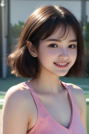 (8k,  best quality,  masterpiece,  ultra high res,  highly detail face:1.3),  portrait,  (18 years old girl:1.3),  beautiful,  kawaii,  (very wide shot :1.2),  (short hair :1.3),  dark hair,  ((bob)),  clothes,  from side:1.2, (happy smile :1.4), sweat ,  (morning:1.3), tennis-court, pink tennis wear,  from below:1.4