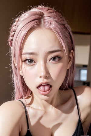 full_body,girl,16K,solo,longeyelashes,moaning or panting face ,pink hair,looking at viewer,eye looking up,ahegao,kissing with tongue out,Cross-eyed, one mole under eye,embarrassed