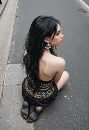 (top down view:1.4),masterpiece,best quality,hyper quality,8k,absurdres,insane details,intricate details,hyperdetailed,high detail,ultra detailed,realistic,black hair,long hair, jewelry, earrings, looking away, 1girl, solo,full body, sitting, on the street,