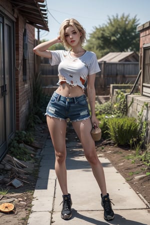  The Urban Ruins of the Wasteland, Female huntress picking fruit in the garden, beautiful face, blonde, torn shirt and denim shorts , long legs, sweating through, sun rising, Nice warm colors, head to toe full body shot