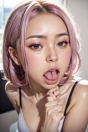 full_body,girl,16K,solo,longeyelashes,moaning or panting face ,pink hair,looking at viewer,eye looking up,ahegao,kissing with tongue out,Cross-eyed, one mole under eye,embarrassed