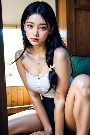 background is ancient chinese war,burning buildings, smoke,dark sky 18 yo, 1 girl, big eyes, over sized eyes, beautiful korean girl, sitting on floor,wearing beautiful hafu, solo, {beautiful and detailed eyes}, dark eyes, calm expression, delicate facial features, ((model pose)), Glamor body type, (dark hair:1.2),braided hair, simple tiny necklace,simple tiny earrings, flim grain, realhands, masterpiece, Best Quality, 16k, photorealistic, ultra-detailed, finely detailed, high resolution, perfect dynamic composition, beautiful detailed eyes, eye smile, ((nervous and embarrassed)), sharp-focus, full_body, cowboy_shot