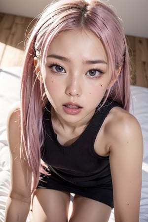 full_body,girl,16K,solo,longeyelashes,moaning or panting face ,pink hair,looking at viewer,eye looking up,ahegao,Cross-eyed, one mole under eye,embarrassed