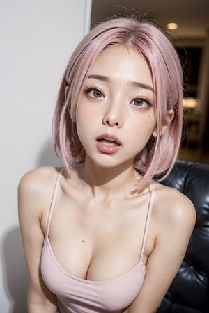 full_body,girl,16K,solo,longeyelashes,moaning or panting face ,pink hair,looking at viewer,eye looking up,ahegao,Cross-eyed, one mole under eye,embarrassed