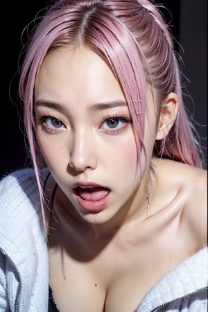 full_body,girl,16K,solo,longeyelashes,moaning or panting face ,pink hair,looking at viewer,eye looking up,ahegao,Cross-eyed, one mole under eye,embarrassed