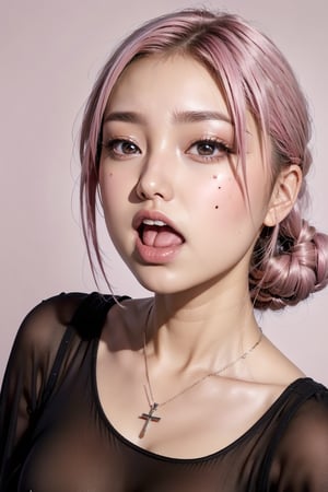 full_body,girl,16K,solo,longeyelashes,moaning or panting face ,pink hair,looking at viewer,eye looking up,ahegao,kissing with tongue out,Cross-eyed, one mole under eye,embarrassed