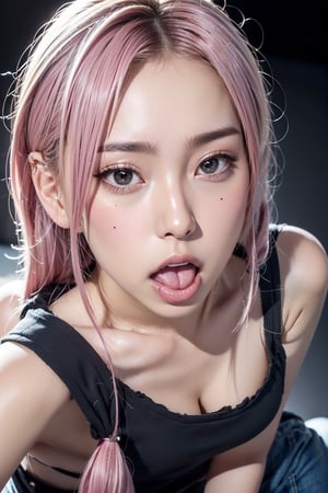 full_body,girl,16K,solo,longeyelashes,moaning or panting face ,pink hair,looking at viewer,eye looking up,ahegao,kissing with tongue out,Cross-eyed, one mole under eye,embarrassed