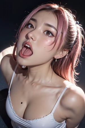 full_body,girl,16K,solo,longeyelashes,moaning or panting face ,pink hair,looking at viewer,eye looking up,ahegao,kissing with tongue out,Cross-eyed, one mole under eye,embarrassed