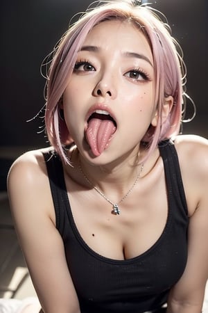 full_body,girl,16K,solo,longeyelashes,moaning or panting face ,pink hair,looking at viewer,eye looking up,ahegao,kissing with tongue out,Cross-eyed, one mole under eye,embarrassed