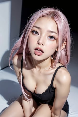 full_body,girl,16K,solo,longeyelashes,moaning or panting face ,pink hair,looking at viewer,eye looking up,ahegao,Cross-eyed, one mole under eye,embarrassed