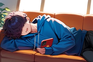 score_9, score_8_up, score_7_up,source_anime, (High quality, anime, extreme details, exquisite light and shadow, 8K, best quality), detailed background, relax, sunset, BREAK, 
1 boy, 
boy is (young boy, teenage, hair cover eyes, dark red hair, hoodie, lying on sofa, using smartphone, relax, looked at viewer), BREAK, background is (living room), no text, ExpressiveH,looking at the viewer