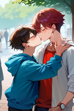 score_9, score_8_up, score_7_up,source_anime, (High quality, anime, extreme details, exquisite light and shadow, 8K, best quality), view from size, BREAK, 2boy,  yaoi, (size difference:1.1), kiss, BREAK, (1boy, hoodie, dark red hair, hair cover eyes, shocked, blush, forced to kiss, shorter), next to (1guy, tall, dark brown hair, closed eyes, short hair, handsome, casual shirt, kiss, taller), background is (park, under tree), time is (noon), no text,