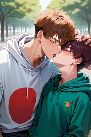 score_9, score_8_up, score_7_up,source_anime, (High quality, anime, extreme details, exquisite light and shadow, 8K, best quality), (view from front:1.5), BREAK, 2boy,  yaoi, (size difference:1.2), kiss, BREAK, (1boy, hoodie, (put on the hoodie's hat:1.2), dark red hair, hair cover eyes, shocked, blush, forced to kiss, shorter), next to (1guy, tall, brown hair, closed eyes, short hair, handsome, casual shirt, kiss, taller), background is (park, under tree), time is (noon), no text,