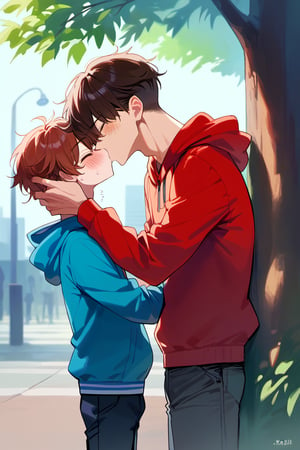 score_9, score_8_up, score_7_up,source_anime, (High quality, anime, extreme details, exquisite light and shadow, 8K, best quality), view from size, BREAK, 2boy,  yaoi, (size difference:1.1), kiss, BREAK, (1boy, hoodie, dark red hair, hair cover eyes, shocked, blush, forced to kiss, shorter), next to (1guy, tall, dark brown hair, closed eyes, short hair, handsome, casual shirt, kiss, taller), background is (park, under tree), time is (noon), no text,