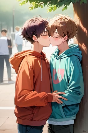 score_9, score_8_up, score_7_up,source_anime, (High quality, anime, extreme details, exquisite light and shadow, 8K, best quality), (view from front:1.5), BREAK, 2boy,  yaoi, (size difference:1), kiss, BREAK, (1boy, hoodie, (put on the hoodie's hood), dark red hair, hair cover eyes, shocked, blush, forced to kiss, shorter), next to (1guy, tall, brown hair, closed eyes, short hair, handsome, casual shirt, kiss, taller), background is (park, under tree), time is (noon), no text,