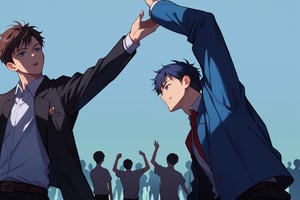 score_9, score_8_up, score_7_up,source_anime, (High quality, anime, extreme details, exquisite light and shadow, 8K, best quality), view from front, BREAK, 2boy, background is (in a grand dancing hall), dancing, close up