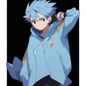  score_9, score_8_up, score_7_up,source_anime, (High quality, anime, extreme details, exquisite light and shadow, 8K, best quality), detailed background, BREAK, 1 boy, adult body, ver short hair, blue hair, black eyes, gloves, no text, pokemon_(anime), pokemon,man