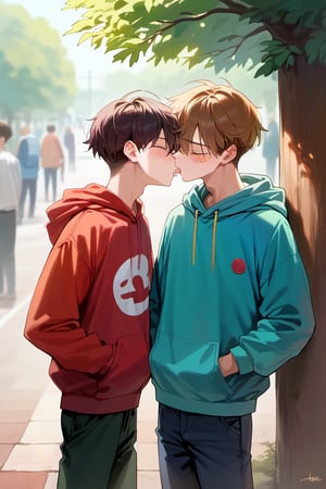 score_9, score_8_up, score_7_up,source_anime, (High quality, anime, extreme details, exquisite light and shadow, 8K, best quality), view from size, BREAK, 2boy,  yaoi, (size difference:1.2), kiss, BREAK, (1boy, hoodie, (put on the hoodie's hat:1.2), dark red hair, hair cover eyes, shocked, blush, forced to kiss, shorter), next to (1guy, tall, brown hair, closed eyes, short hair, handsome, casual shirt, kiss, taller), background is (park, under tree), time is (noon), no text,