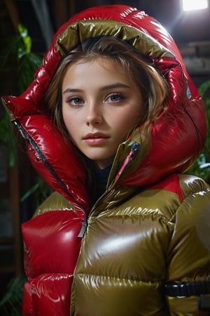 Stunning portrait of sweet, cute, slim, long haired, young european woman, lies in a bed. she is dressed in shiny, glossy, colorful, completely enclosureable, ((puffer down outfit)), by parkasite, very high yoked. all other people are summer dressed. tempting, emotional, dramatic, high detail, realistic, realistic character design, inspiring, intense emotion, masterpiece, 8k, RAW photo, portrait, best quality, ultra high res, photorealistic, cinematic lightning, digital painting, storytelling, high resolution, depth of field, lens flare, photo r3al