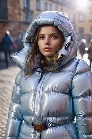 Stunning portrait of sweet, cute, slim, long haired, young european woman on a crowded street in a city. she is dressed in shiny, glossy, completely enclosureable, ((puffer down outfit)), by parkasite, very high yoked. all other people are summer dressed. tempting, emotional, dramatic, high detail, realistic, realistic character design, inspiring, intense emotion, masterpiece, 8k, RAW photo, portrait, best quality, ultra high res, photorealistic, cinematic lightning, digital painting, storytelling, high resolution, depth of field, lens flare.,better photography,